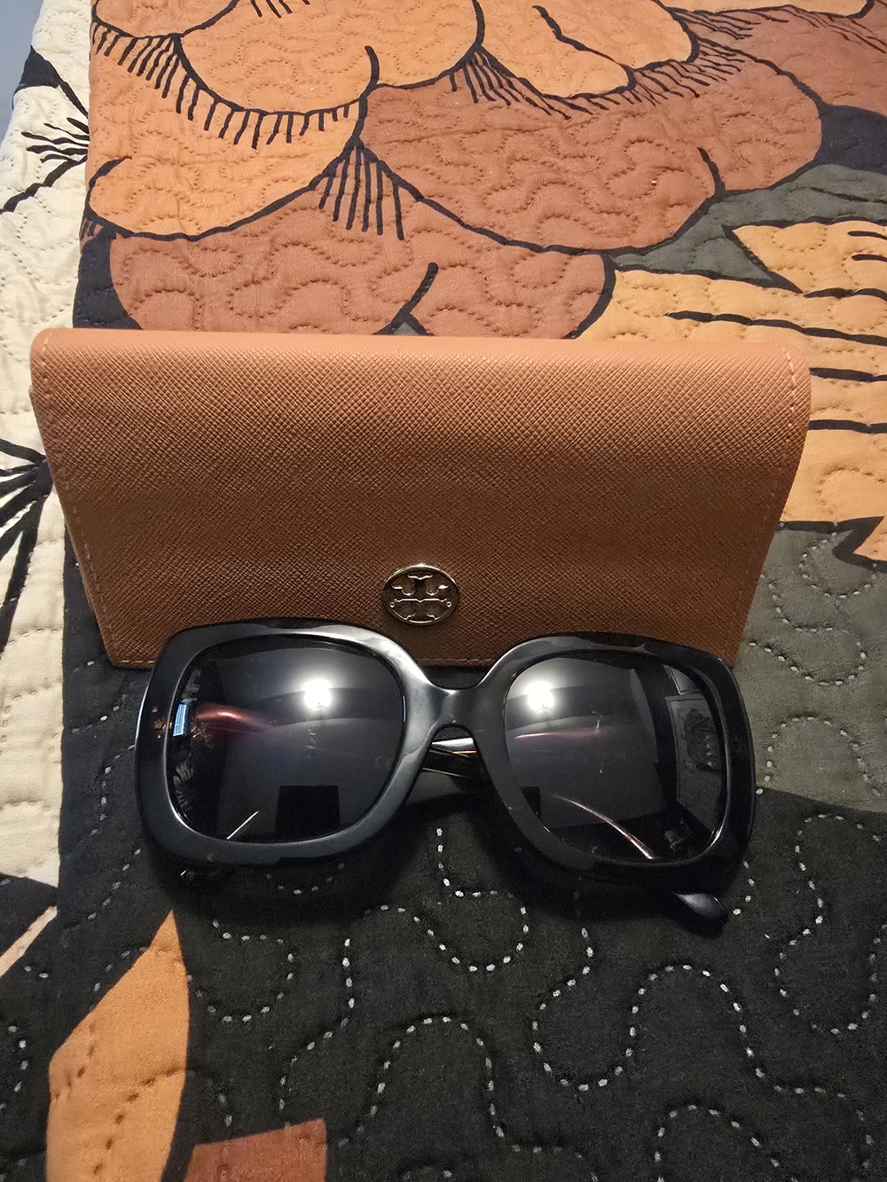 Tory Burch Brown and Gold Oversized Square Sunglasses with Logo Case